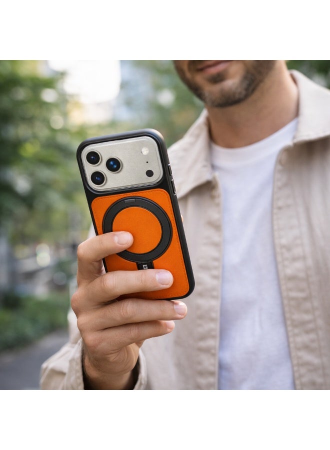 iPhone 17 Pro Leather-Style Magnetic Case  360 Rotation – Wireless Charging Ready, 5G Compatible, Slim Protective Cover with Ring Stand (Executive Orange) - Image 3